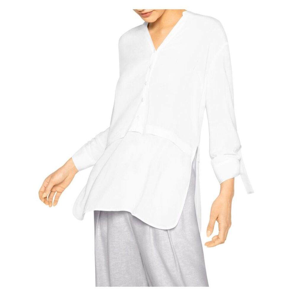 NWT B NEW YORK Womens White Tie Back Pleat Roll-tab Sleeve Split Hi-Lo Top M